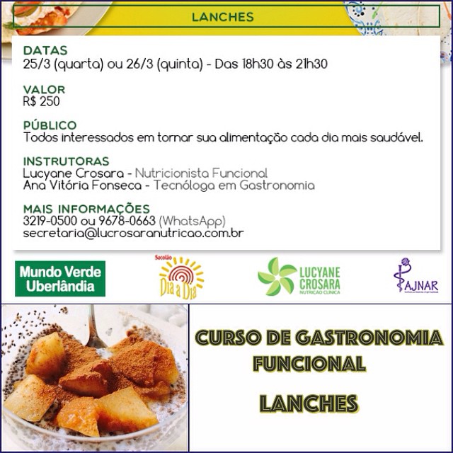 CURSO DE GASTRONOMIA FUNCIONAL - LANCHES
Últimas vagas! Garanta já a sua no Instituto Ajnar: (34) 3219-0500 ou 9678-0663 (WhatsApp). #CursoDeGastronomiaFuncional #CursoDeLanches #CursoGastronomico #GastronomiaFuncional 
#Lanches #NutriçãoFuncional #NutriçãoIntegrada #SaúdePlena #MundoVerde #MundoVerdeUberlandia #SacolaoDiaaDia #InstitutoAjnar