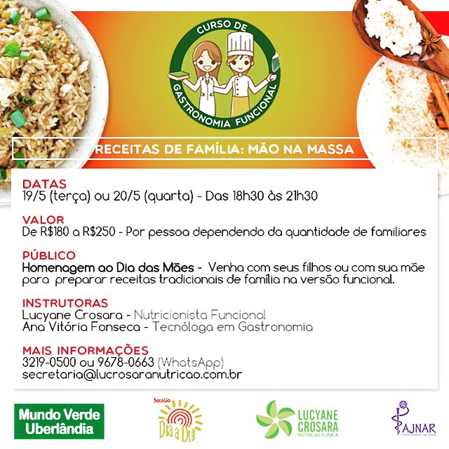 O próximo CURSO DE GASTRONOMIA FUNCIONAL já está chegando.
CURSO DE GASTRONOMIA FUNCIONAL - RECEITAS DE FAMÍLIA
Prepare a família toda e garanta suas vagas.
Inscrições no Instituto Ajnar: (34)3219-0500
#NutriçãoFuncional #NutriçãoIntegrada #SaúdePlena #CursoDeGastronomia #GastronomiaFuncional #CursoDeGastronomiaFuncional #InstitutoAjnar #MundoVerdeUberlândia #SacolãoDiaaDia #MãeseFilhos