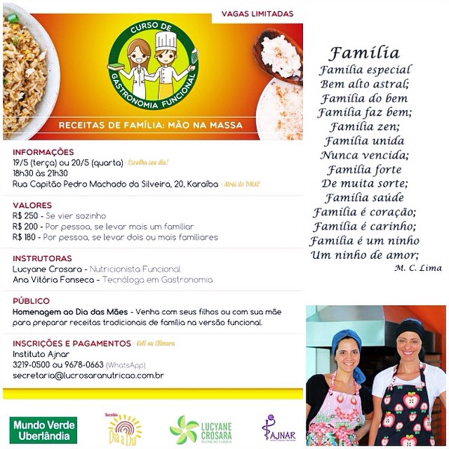 É com essa filosofia da poesia da @mclima22 que tivemos a idéia de trazer toda a família para o nosso CURSO DE GASTRONOMIA FUNCIONAL - RECEITAS DE FAMíLIA.
Vamos deixar as refeições em família ainda mais saborosas e com o prazer de serem feitas em conjunto com todos os familiares.
Já é semana que vem.
Garanta sua vaga no Instituto Ajnar: (34)3219-0500
#NutriçãoFuncional #NutriçãoIntegrada #SaúdePlena #CursoDeGastronomia #GastronomiaFuncional #CursoDeGastronomiaFuncional #InstitutoAjnar #MundoVerdeUberlândia #SacolãoDiaaDia #ReceitasDeFamilia #MCLima #DiaInternacionalDaFamília