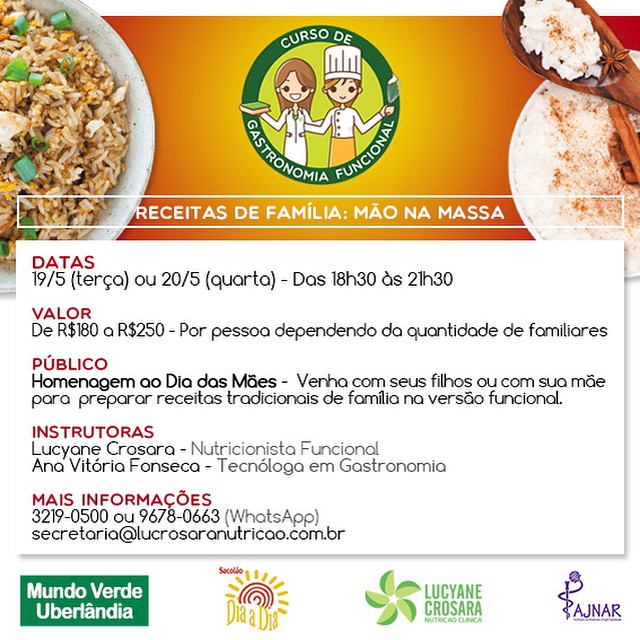 Ansiosas para receber vocês hoje a noite no CURSO DE GASTRONOMIA FUNCIONAL - RECEITAS DE FAMÍLIA na versão funcional! 
Hoje é mão na massa, venham preparados para cozinhar!
#NutriçãoFuncional #NutriçãoIntegrada #SaúdePlena #CursoDeGastronomia #GastronomiaFuncional #CursoDeGastronomiaFuncional #InstitutoAjnar #MundoVerdeUberlândia #SacolãoDiaaDia #ReceitasDeFamília