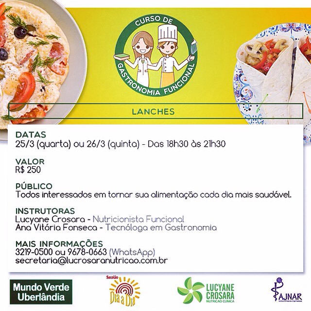 CURSO DE GASTRONOMIA FUNCIONAL - LANCHES
Hoje temos a nossa primeira turma do Curso.
Ainda dá tempo de se matricular! 
Garanta já a sua vaga no Instituto Ajnar: (34) 3219-0500 ou 9678-0663 (WhatsApp). #CursoDeGastronomiaFuncional #CursoDeLanches #CursoGastronomico #GastronomiaFuncional 
#Lanches #NutriçãoFuncional #NutriçãoIntegrada #SaúdePlena #MundoVerde #MundoVerdeUberlandia #SacolaoDiaaDia #InstitutoAjnar