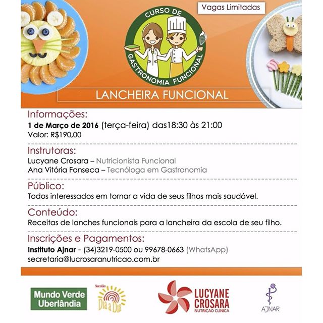 Últimas vagas para o Curso de Gastronomia Funcional - Lancheira Funcional!
Venha aprender com a gente a preparar lanchinhos saudáveis para seus filhos levarem pra escola ou para lancharem em casa.
Garanta já a sua vaga no Instituto Ajnar (34) 3219-0500.